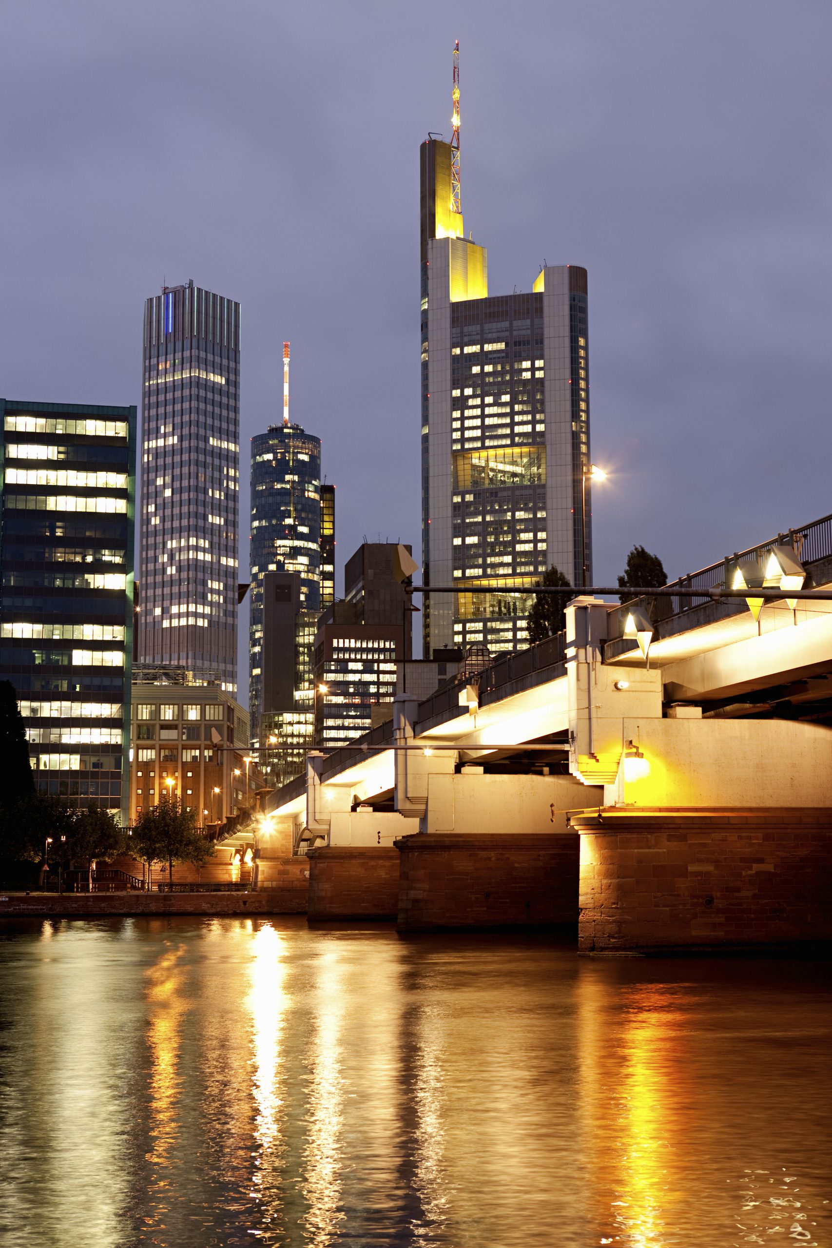Business center and Main River at night, Frankfurt, Germany